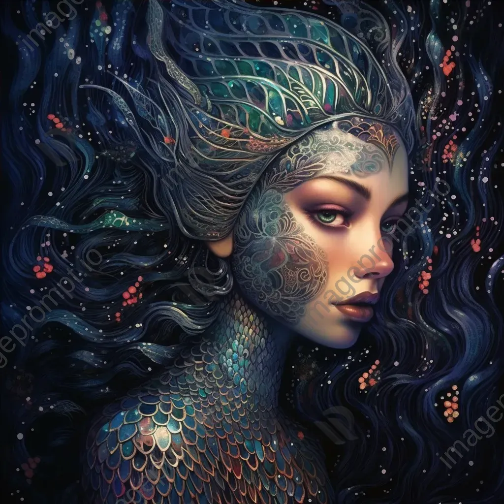 Ethereal mermaid with intricate scale body paint in a blend of pointillism and Art Nouveau - Image 4