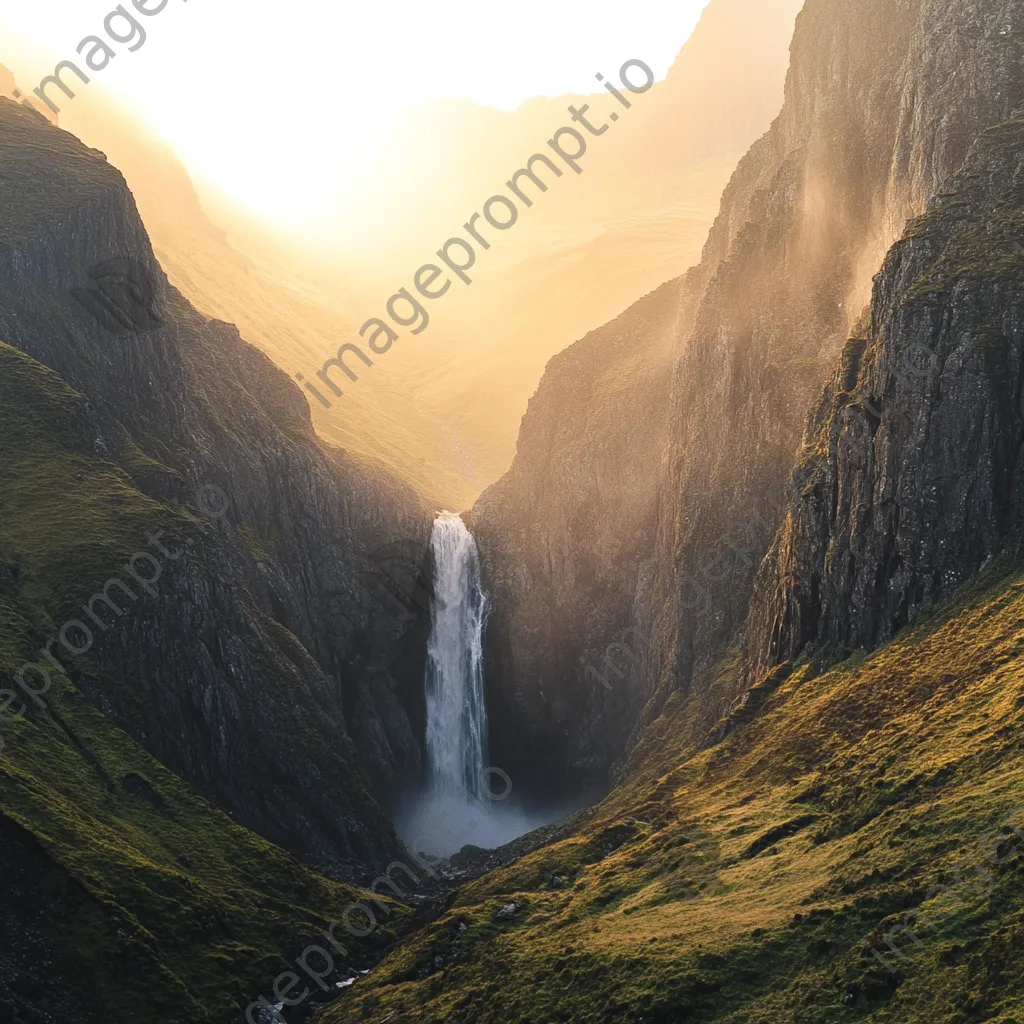 Waterfall cascading into a misty valley illuminated by morning light - Image 1