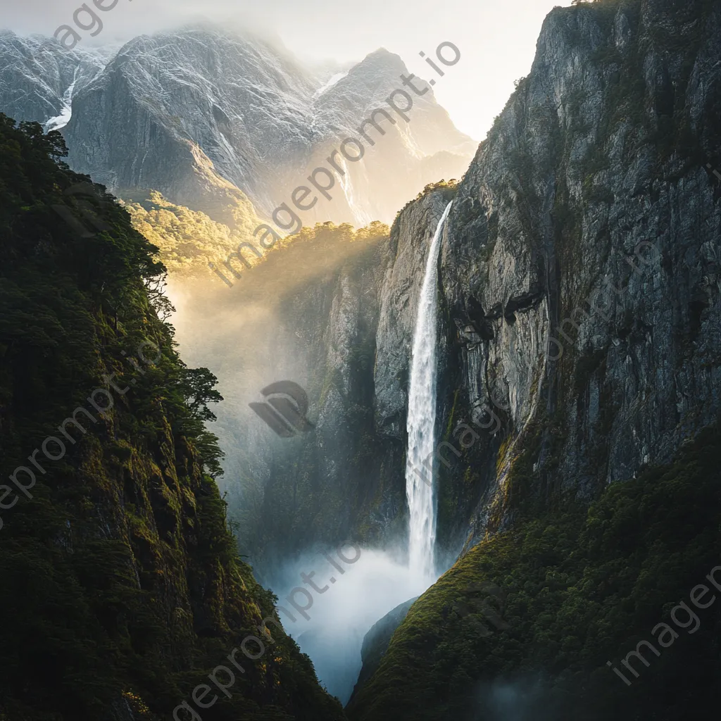 Waterfall cascading into a misty valley illuminated by morning light - Image 2