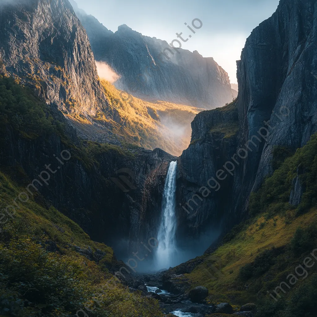 Waterfall cascading into a misty valley illuminated by morning light - Image 3