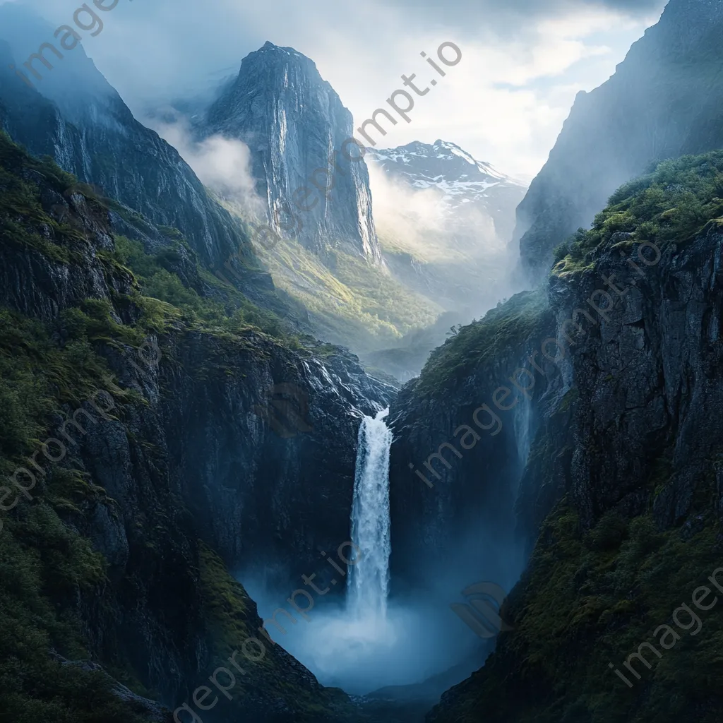 Waterfall cascading into a misty valley illuminated by morning light - Image 4