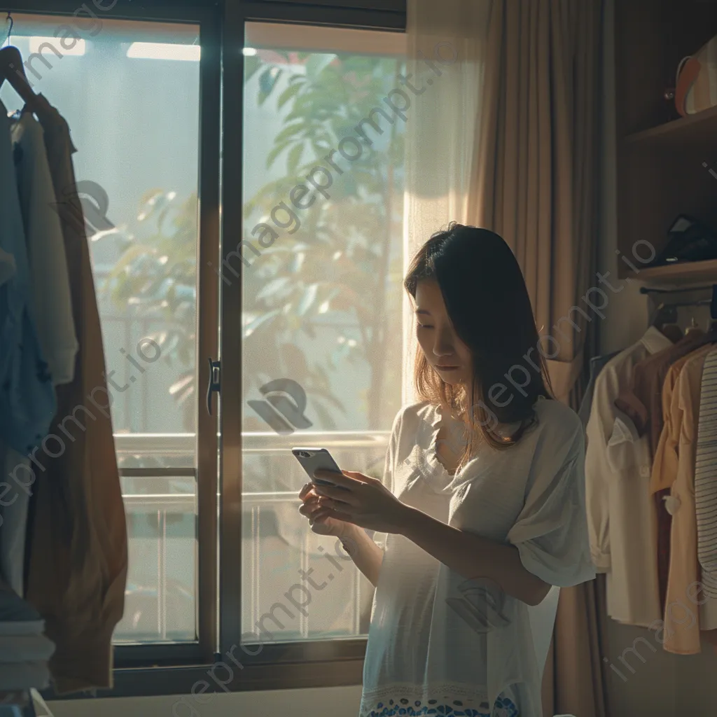 Woman trying on outfits in bedroom while shopping - Image 1