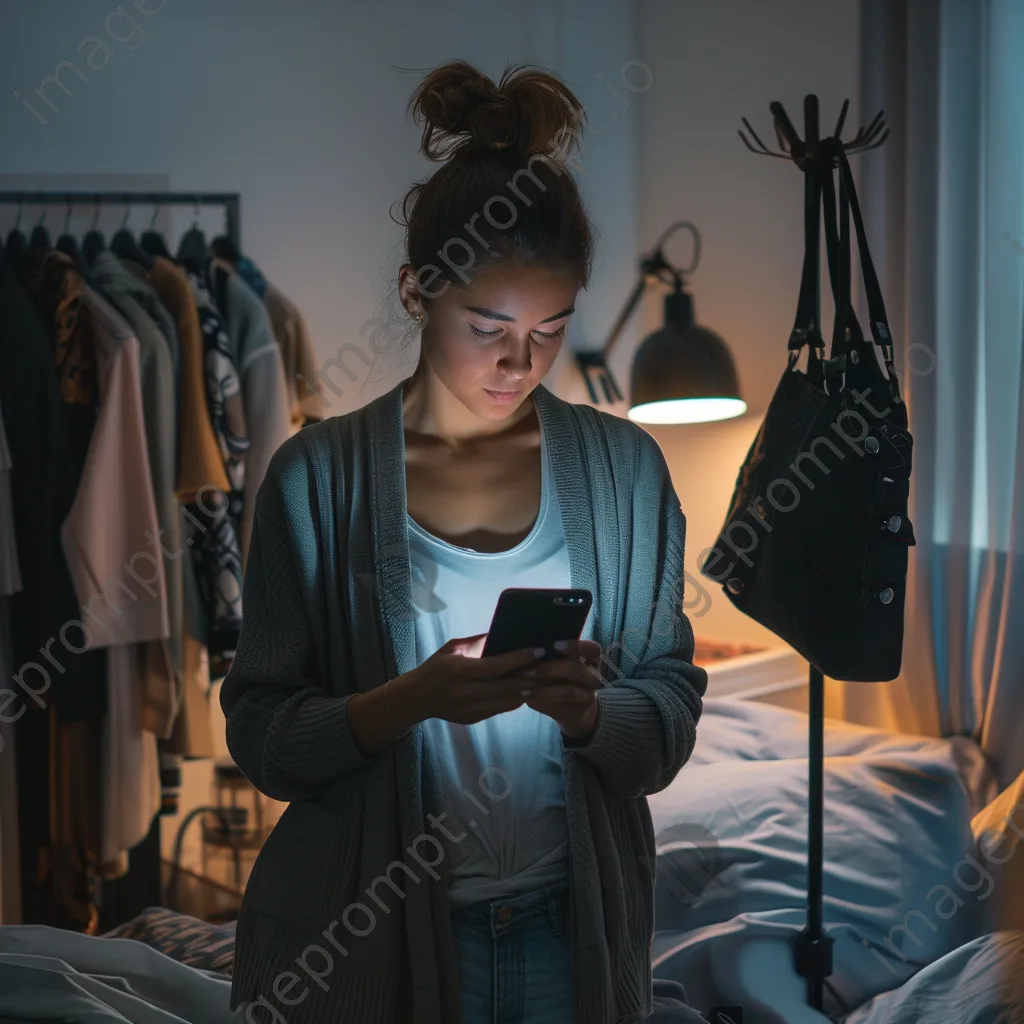 Woman trying on outfits in bedroom while shopping - Image 2