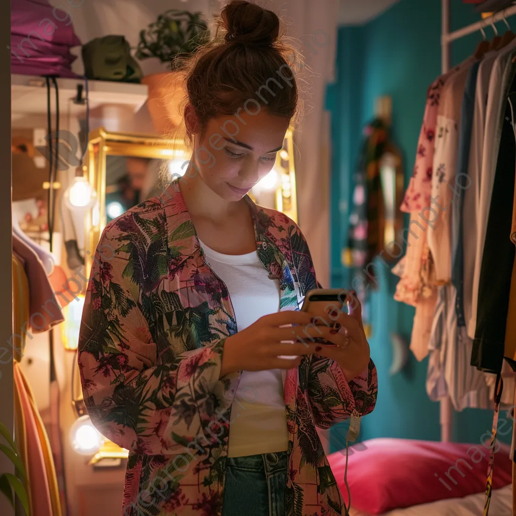 Woman trying on outfits in bedroom while shopping - Image 3