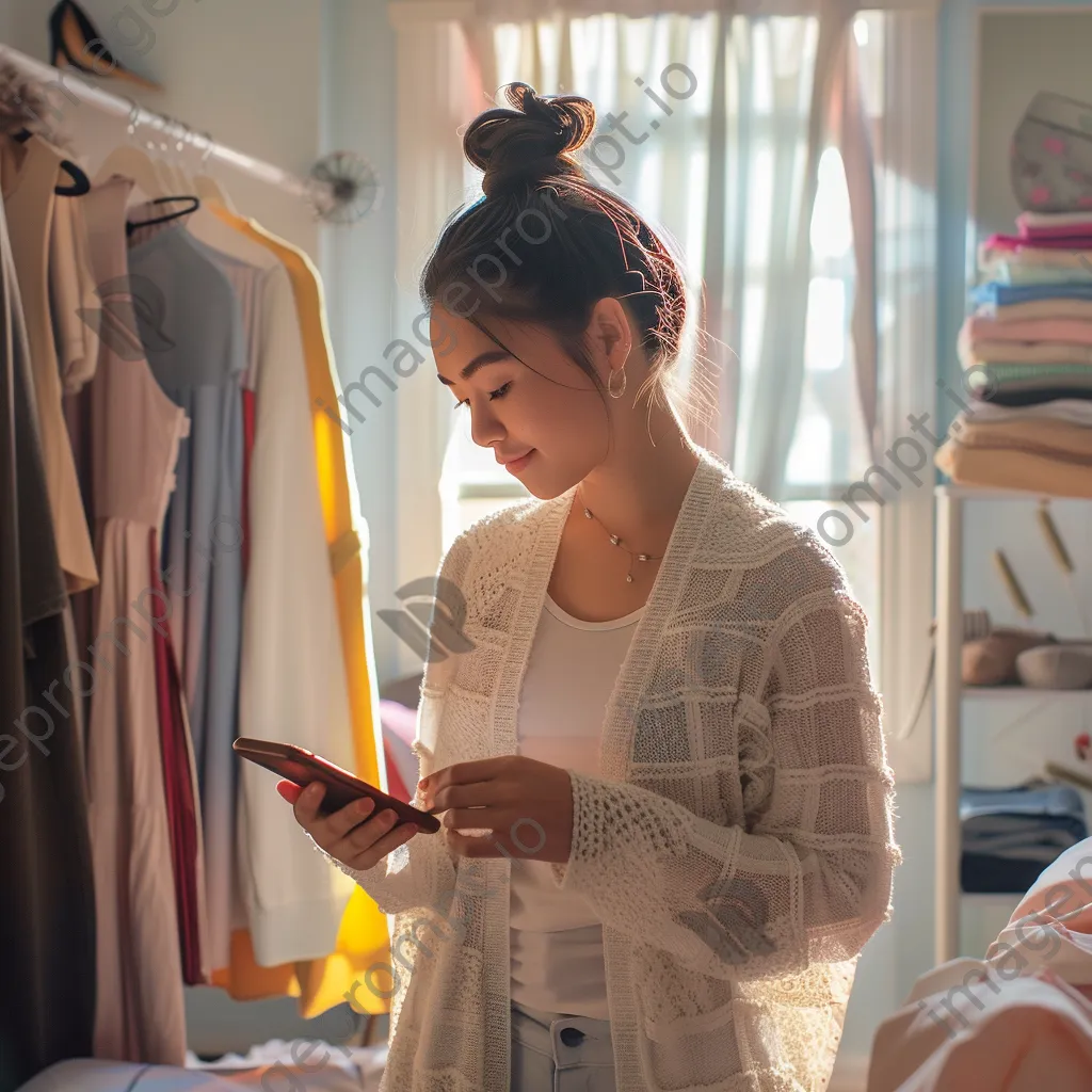 Woman trying on outfits in bedroom while shopping - Image 4