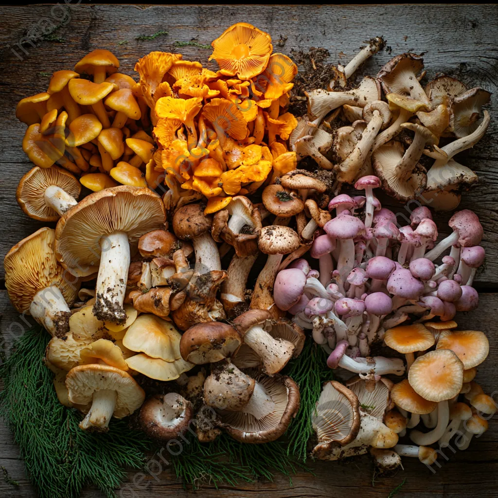 Assorted wild mushrooms on a wooden surface - Image 1