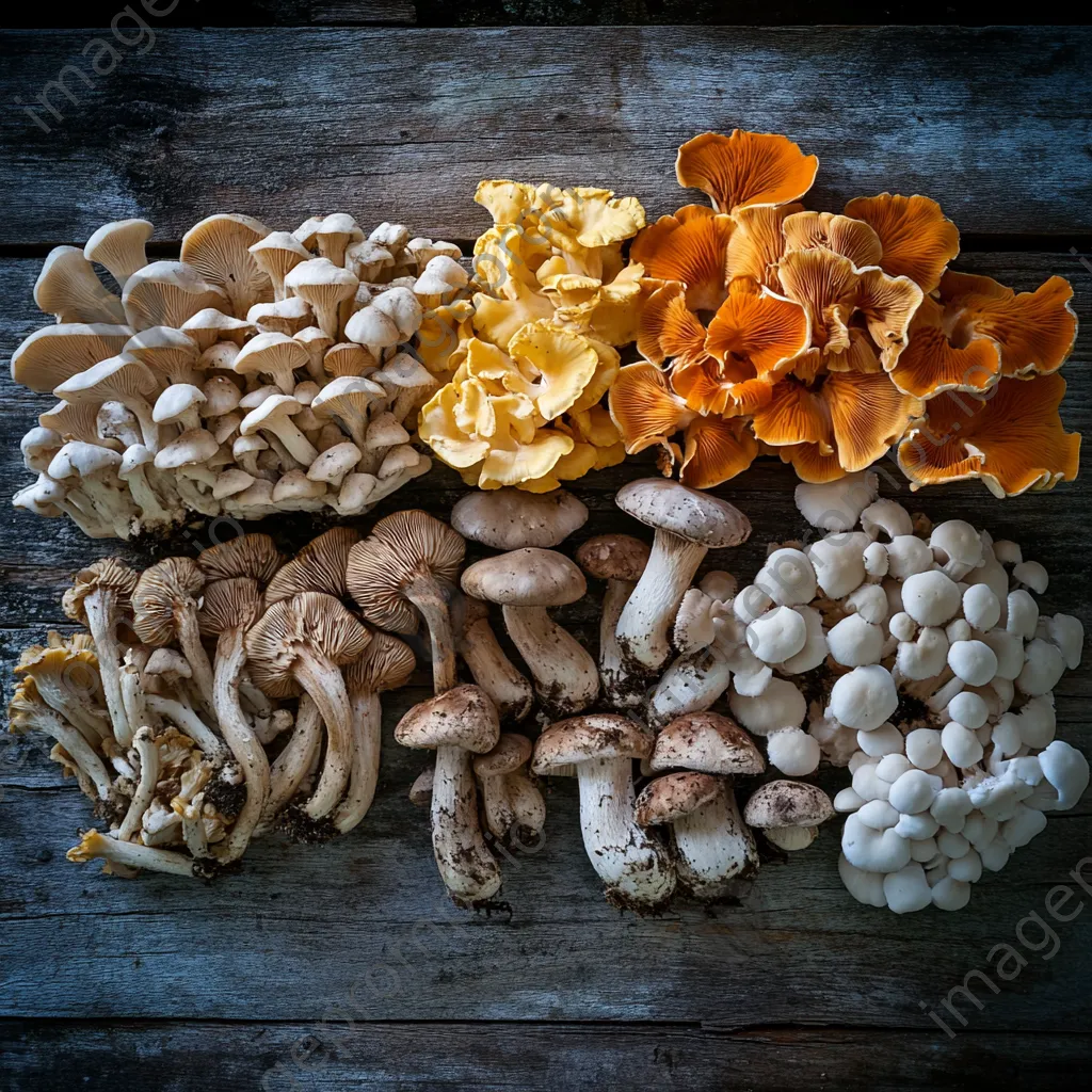 Assorted wild mushrooms on a wooden surface - Image 3