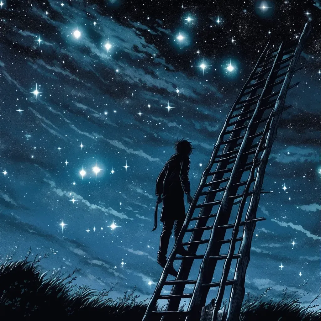 Man climbing ladder towards bright star in night sky - Image 3