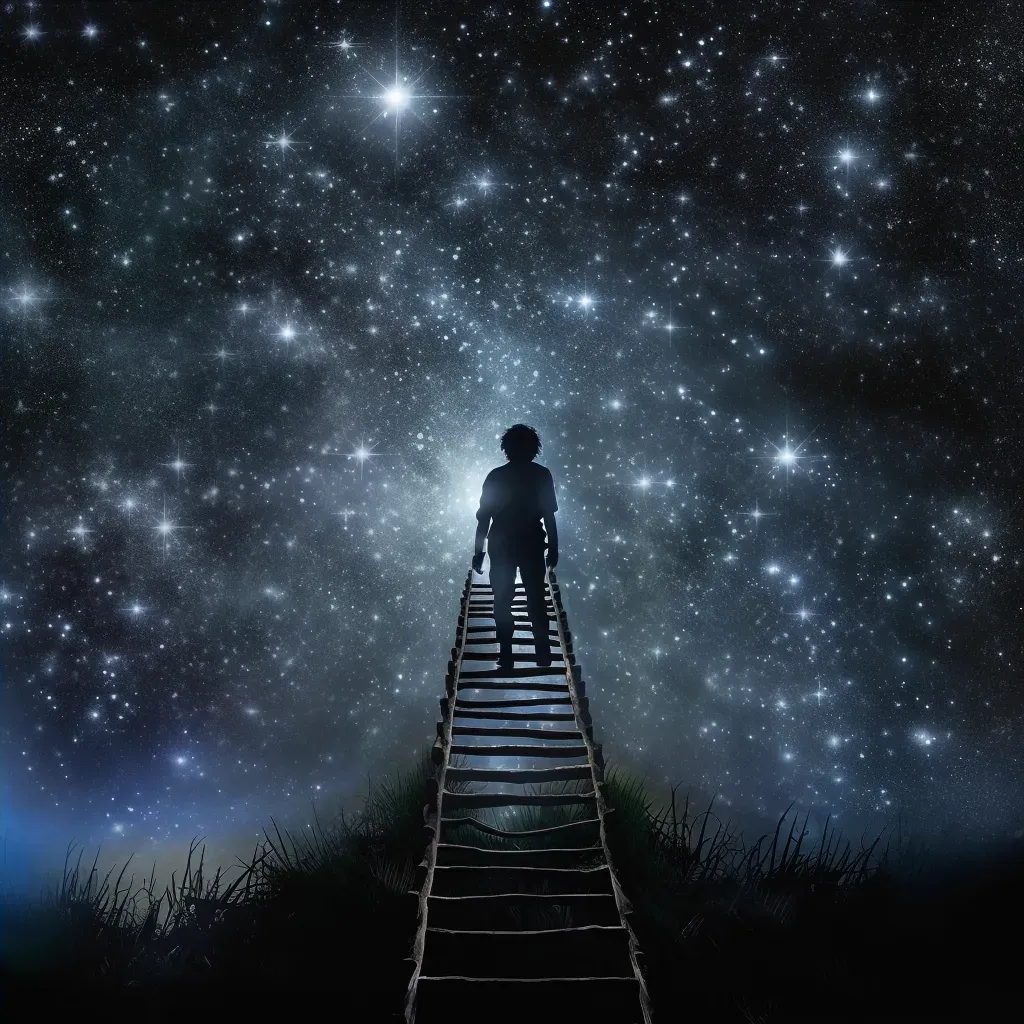 Man climbing ladder towards bright star in night sky - Image 4