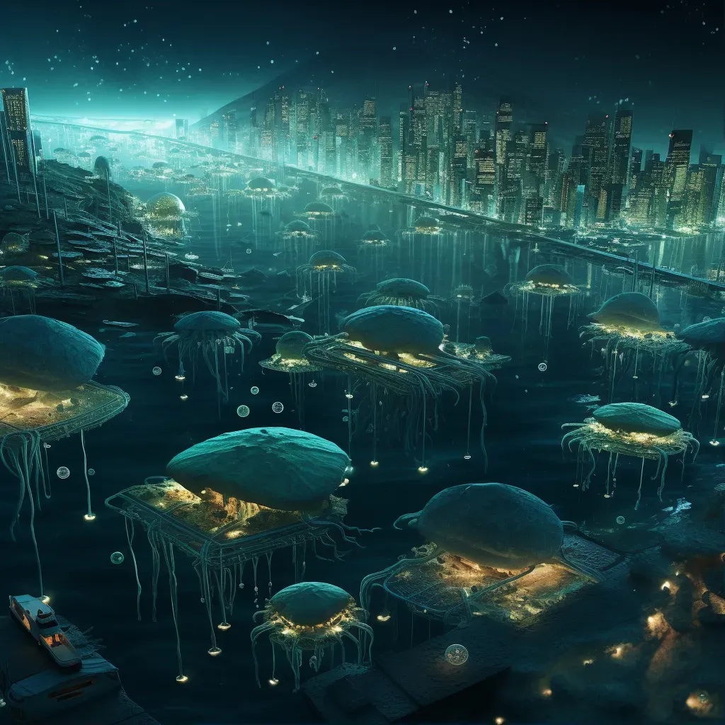 Underwater city with coral buildings and bioluminescent creatures - Image 1