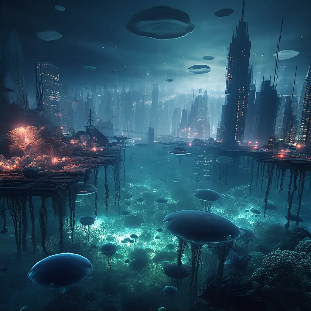 Underwater city with coral buildings and bioluminescent creatures - Image 2