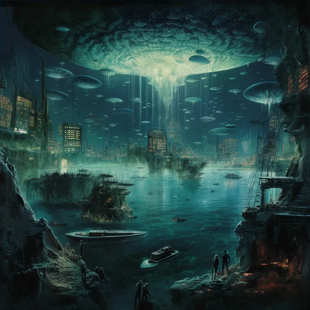 Underwater City with Coral Buildings and Bioluminescent Creatures