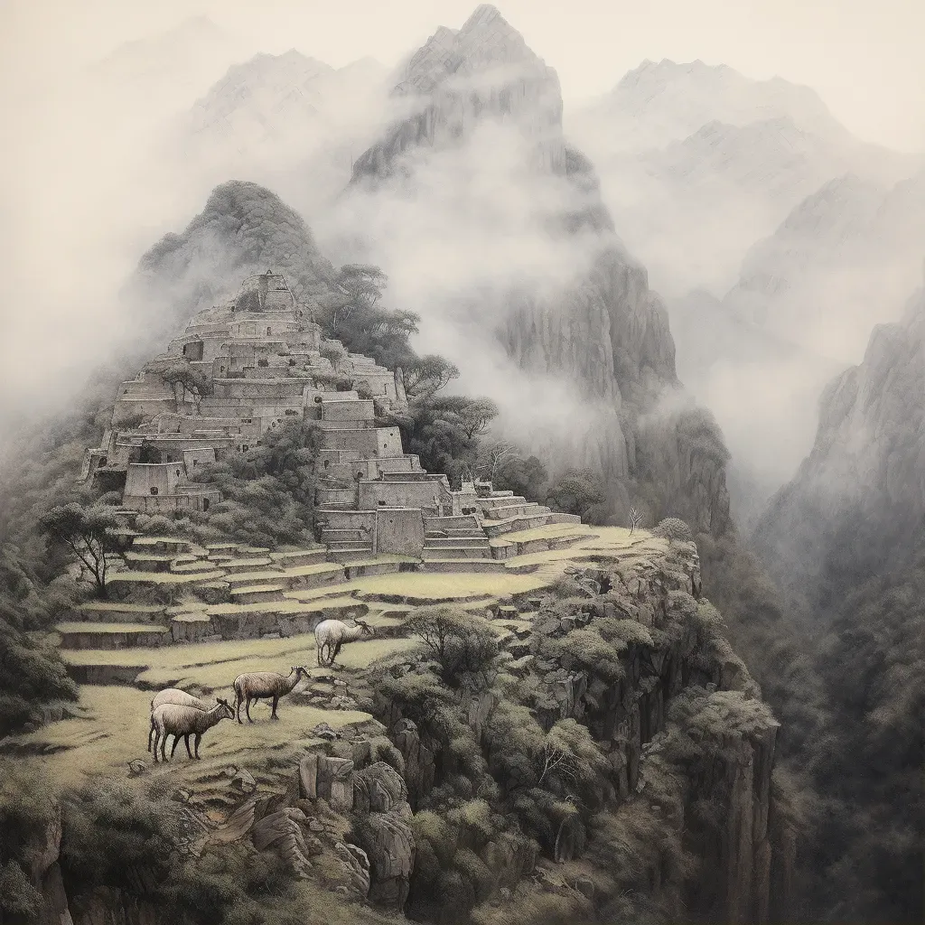 Panoramic view of mist-shrouded Machu Picchu in the Andes Mountains - Image 1