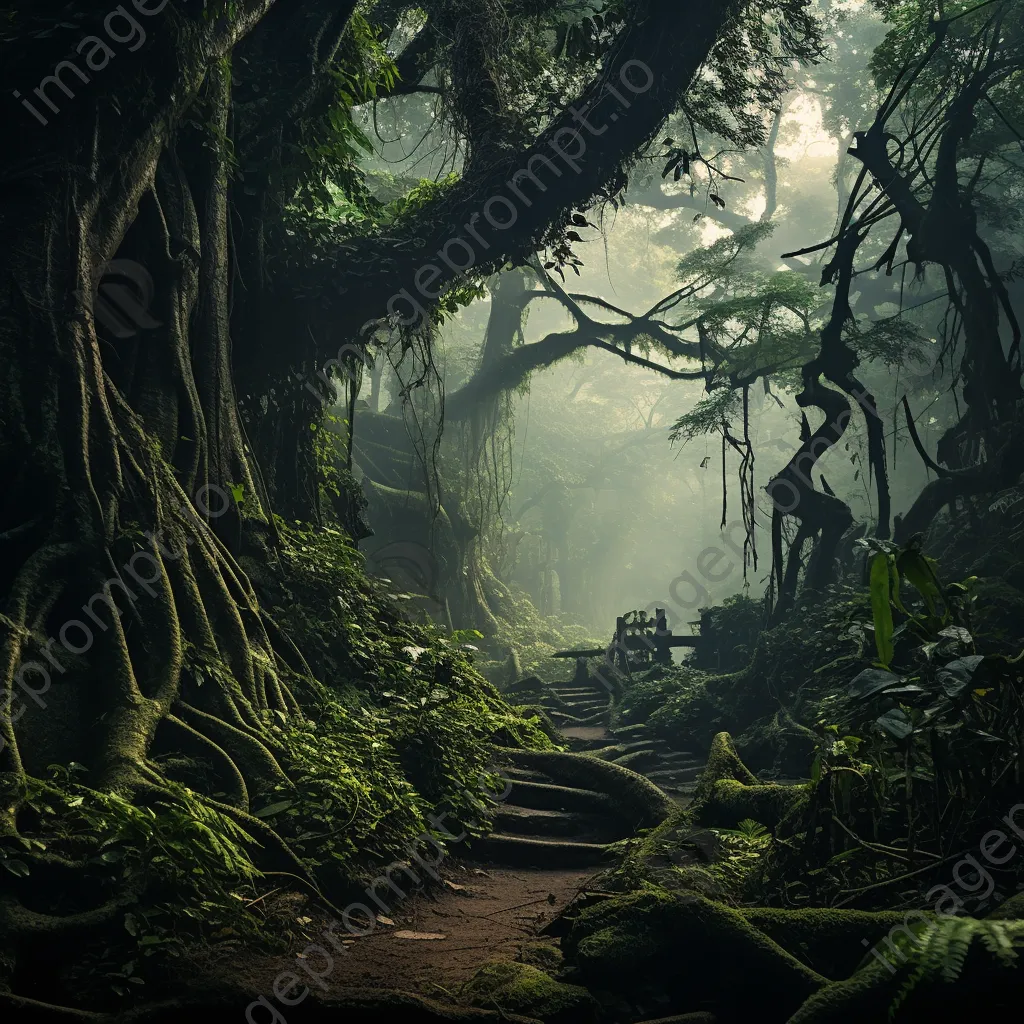 Misty jungle with ancient trees and hidden trails - Image 1