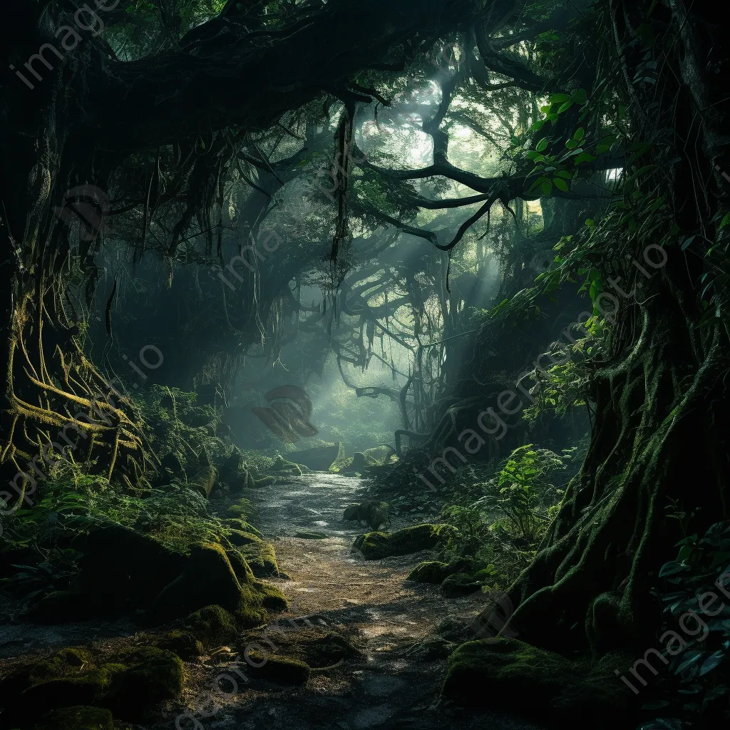 Misty jungle with ancient trees and hidden trails - Image 2