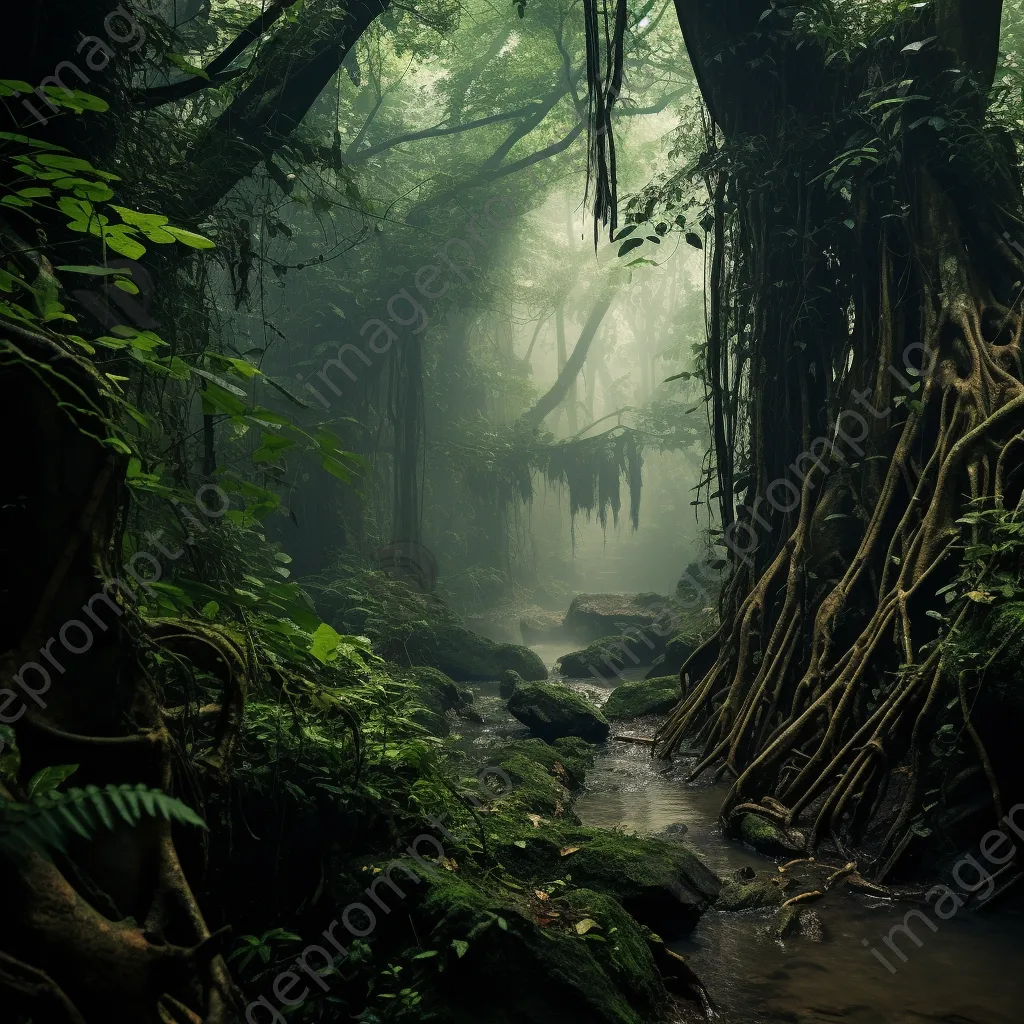 Misty jungle with ancient trees and hidden trails - Image 3