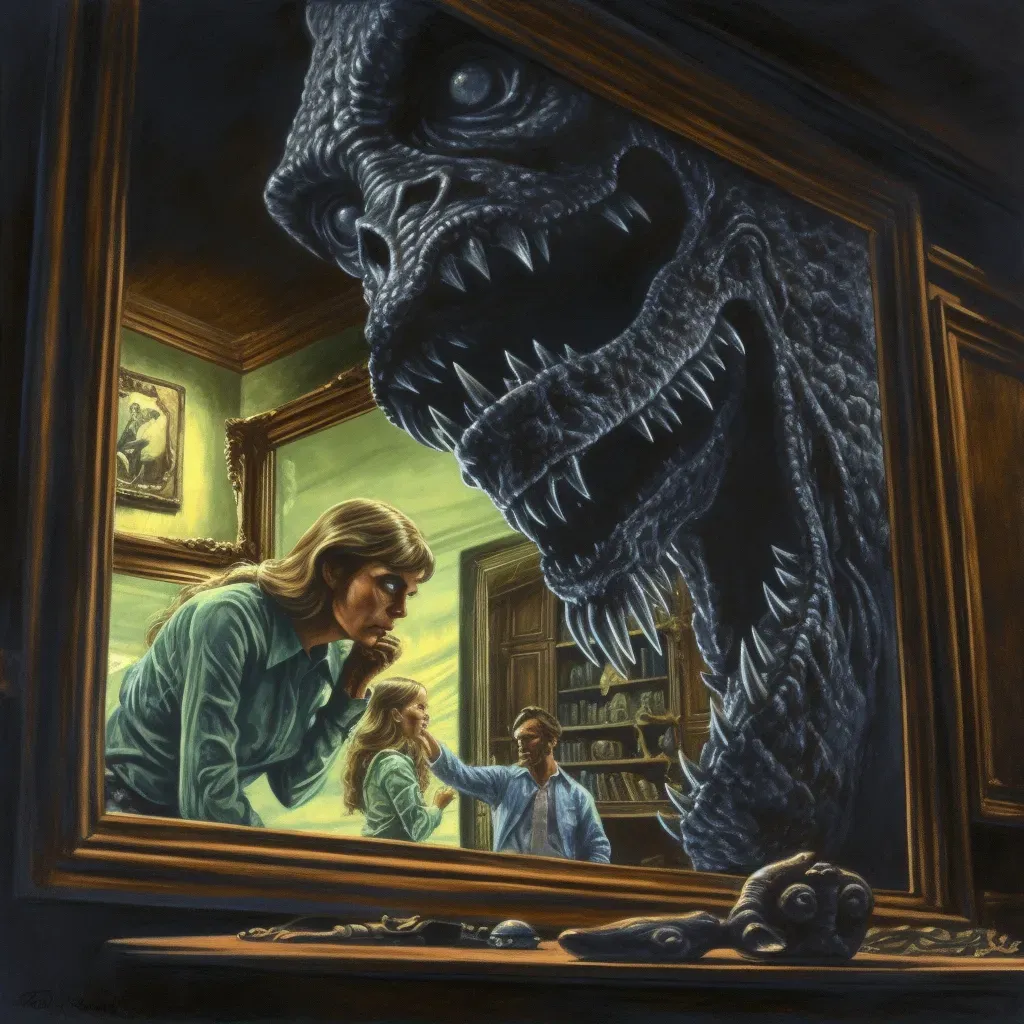 Unsuspecting victim and unseen monster reflected in a mirror - Image 2