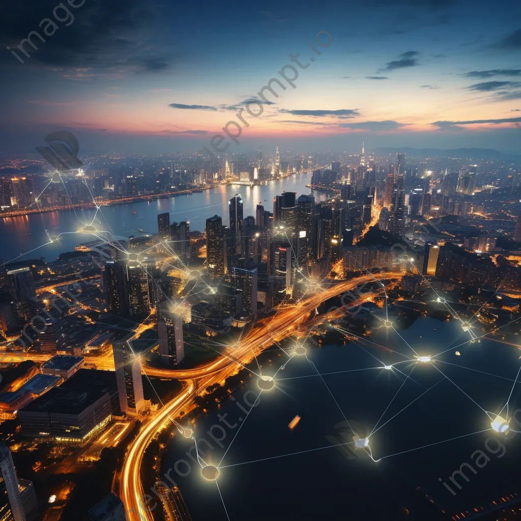 Panoramic view of a metropolis with digital networks at dusk, photographed with a Nikon D850. - Image 1