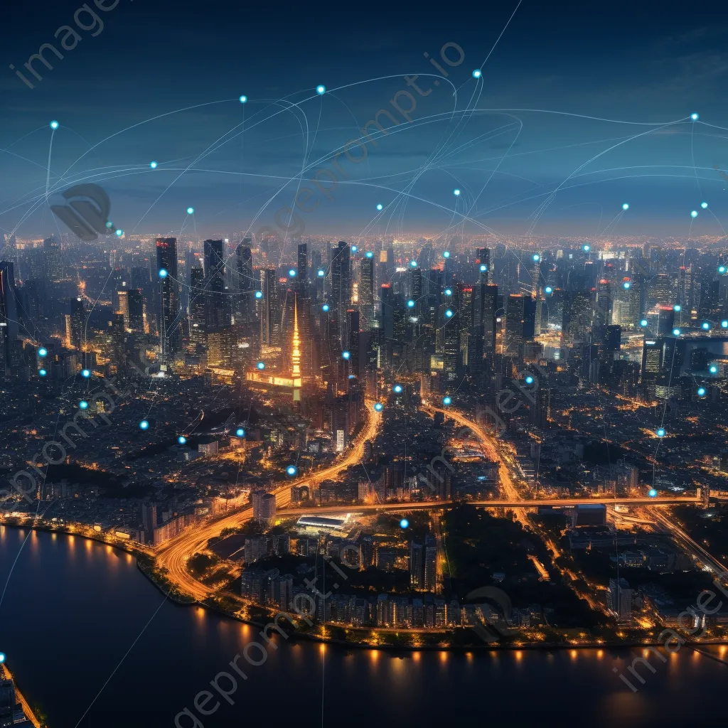 Panoramic view of a metropolis with digital networks at dusk, photographed with a Nikon D850. - Image 2