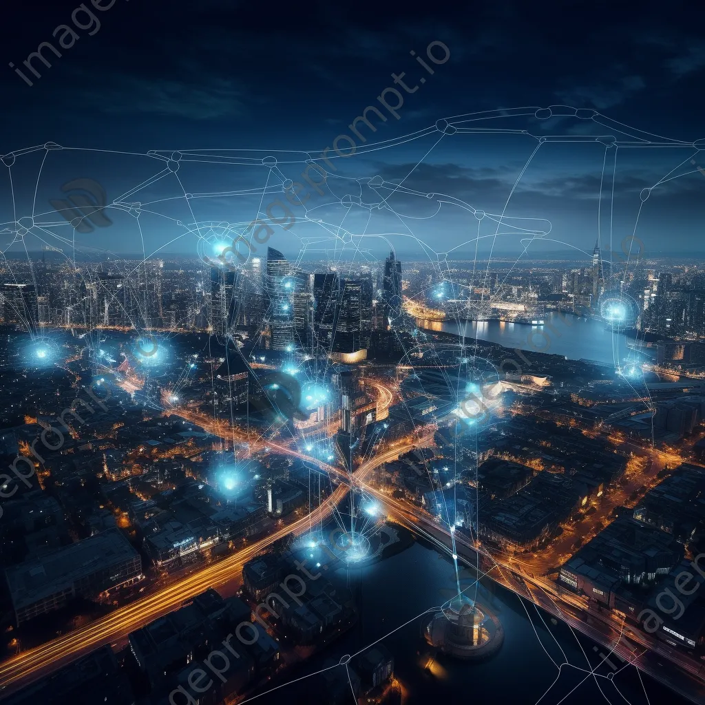 Panoramic view of a metropolis with digital networks at dusk, photographed with a Nikon D850. - Image 3