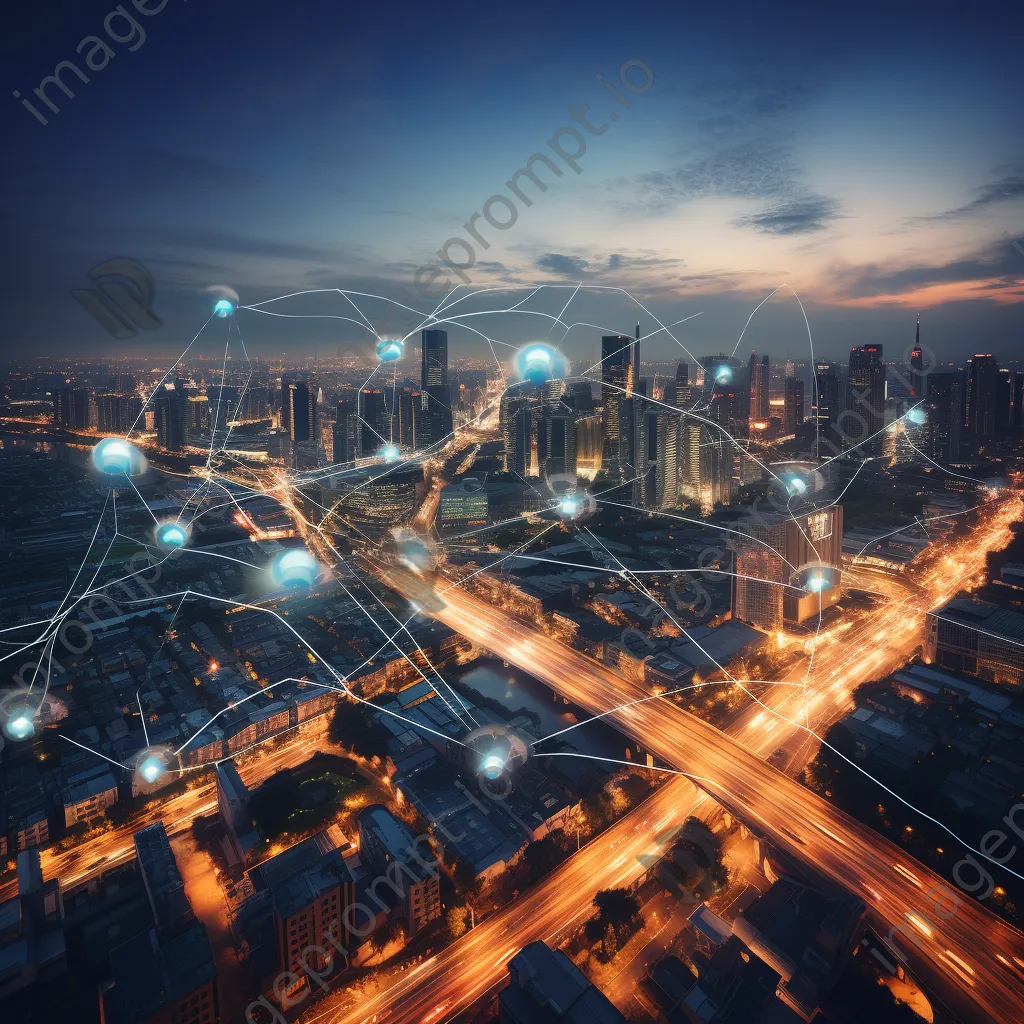 Panoramic view of a metropolis with digital networks at dusk, photographed with a Nikon D850. - Image 4