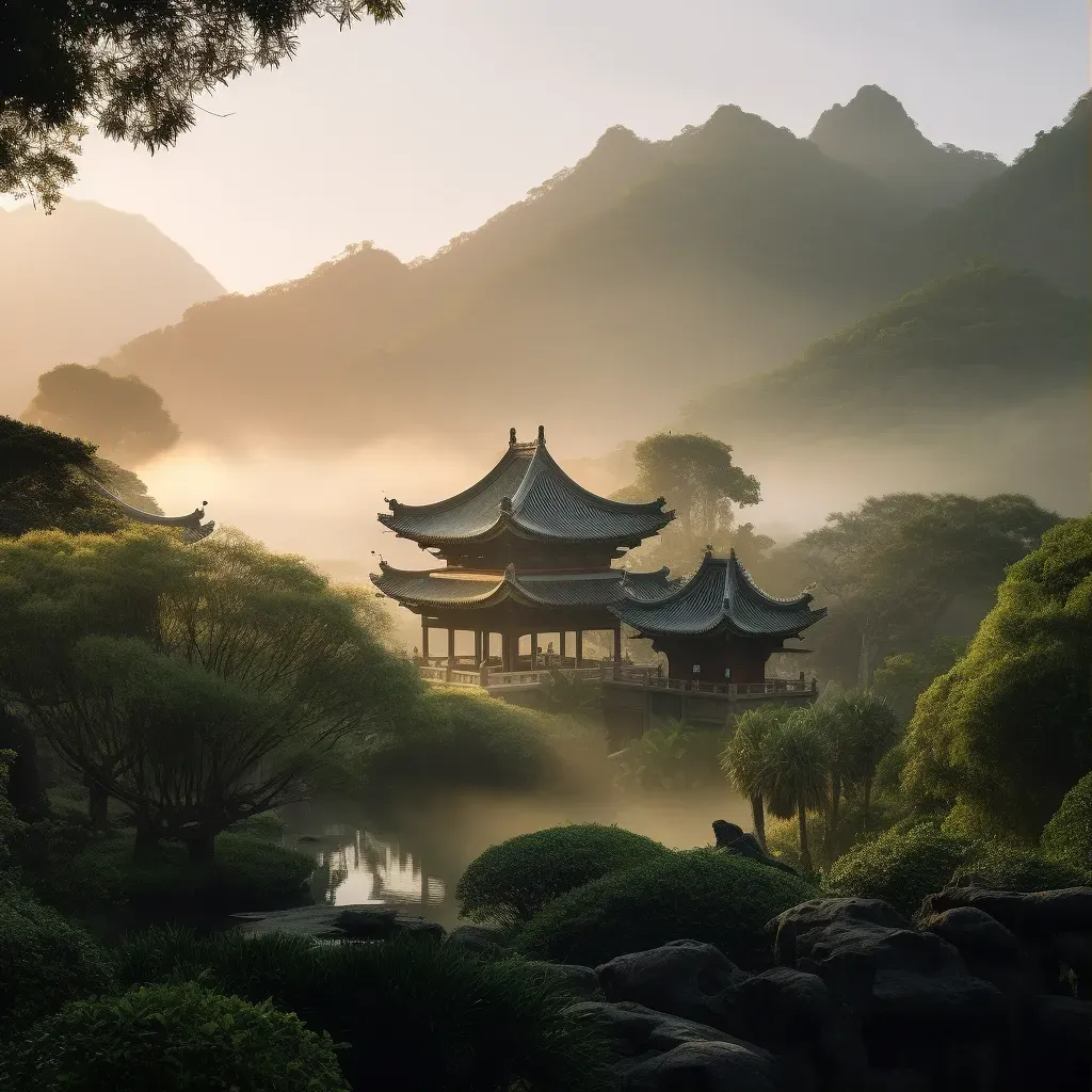 Mountain temple surrounded by misty peaks at dawn - Image 1