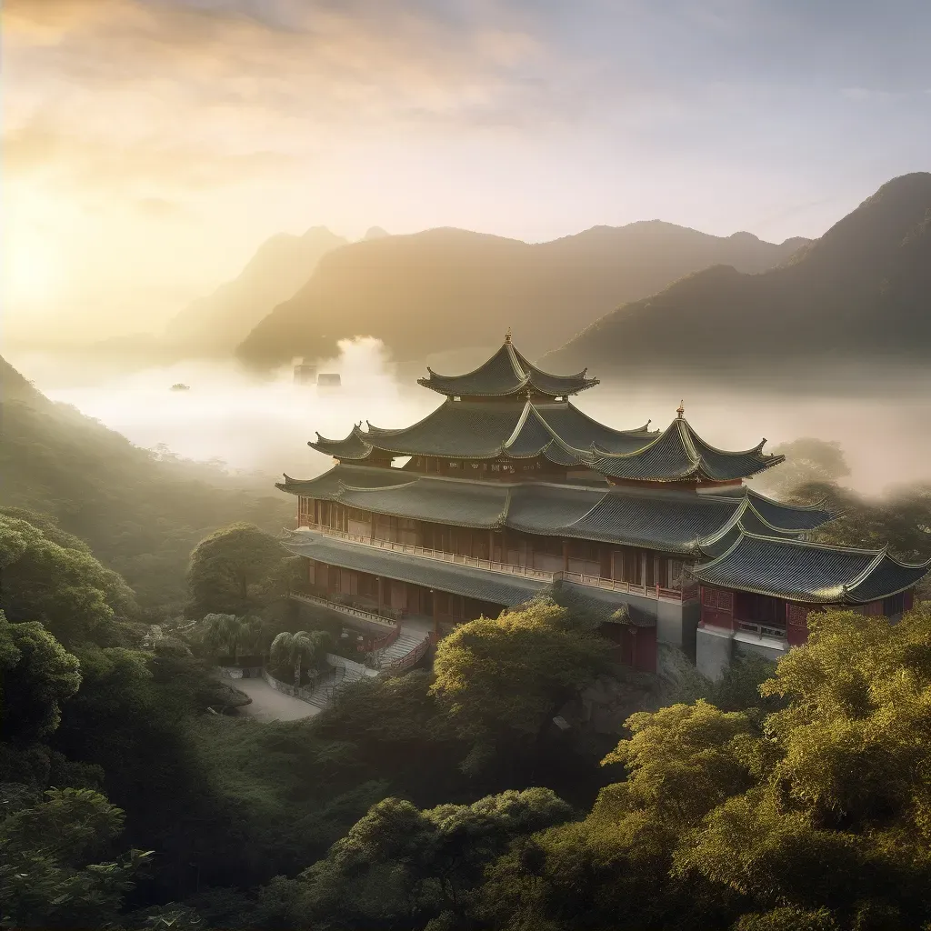 Mountain temple surrounded by misty peaks at dawn - Image 2