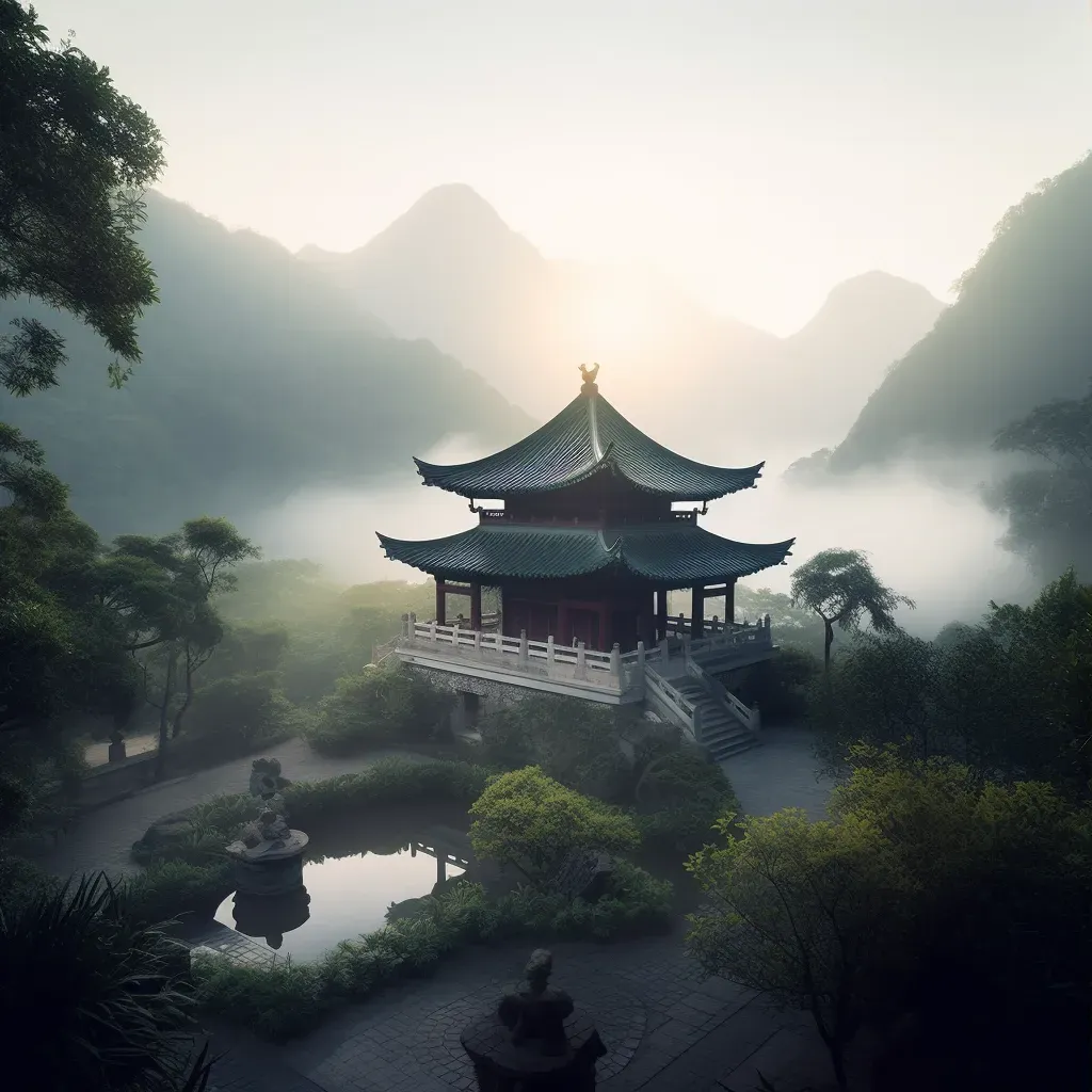 Mountain temple surrounded by misty peaks at dawn - Image 3