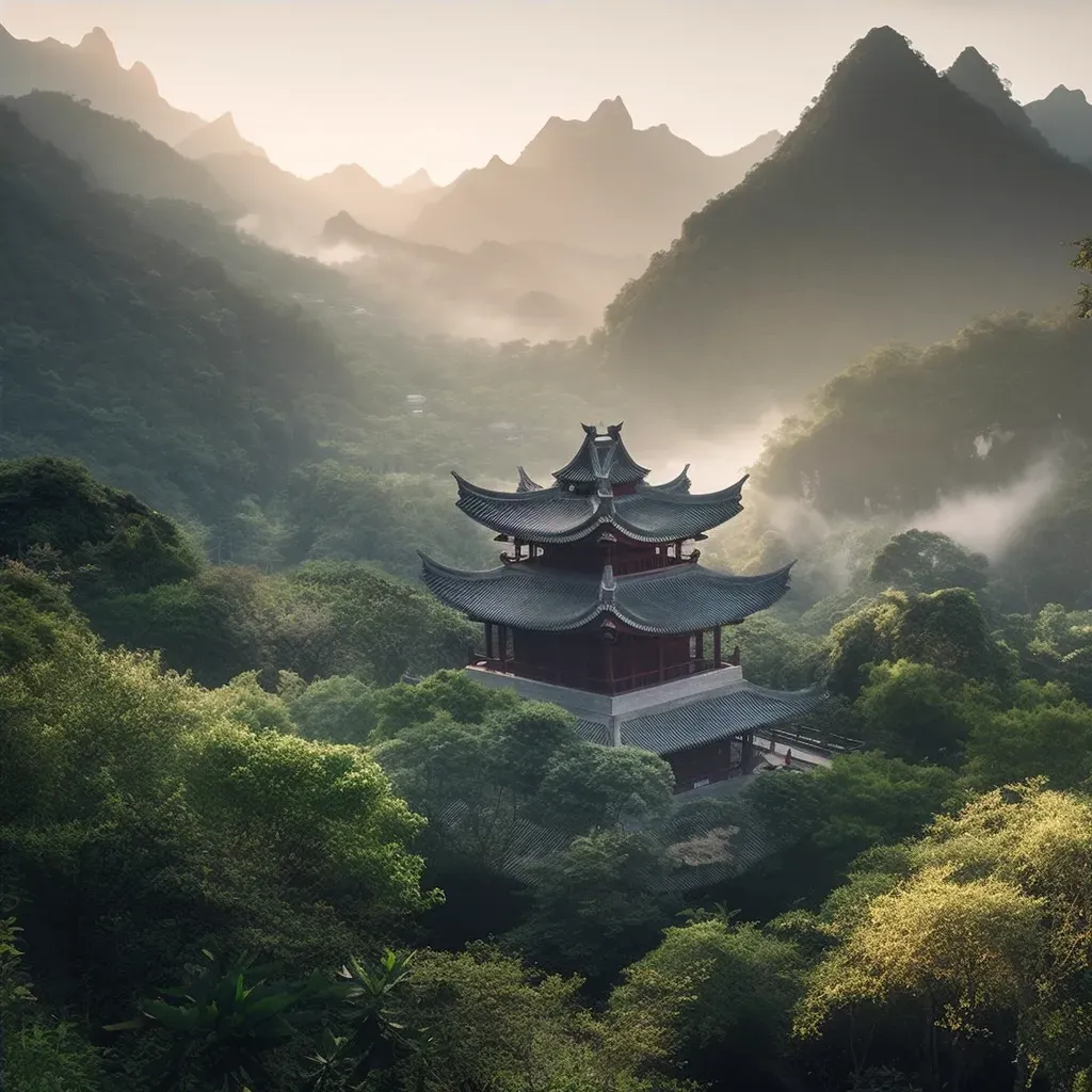 Mountain temple surrounded by misty peaks at dawn - Image 4