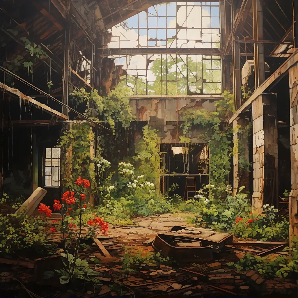 Image capturing an abandoned factory being reclaimed by nature with vines and flowers in an image generated by a prompt. - Image 2