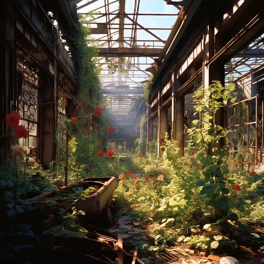 Image capturing an abandoned factory being reclaimed by nature with vines and flowers in an image generated by a prompt. - Image 3