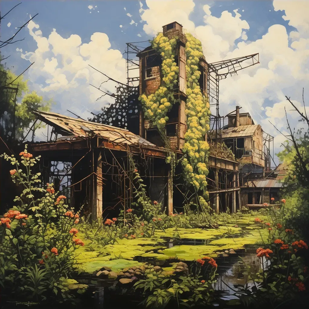 Image capturing an abandoned factory being reclaimed by nature with vines and flowers in an image generated by a prompt. - Image 4