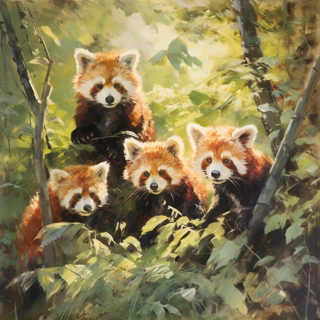 Red Pandas playing in bamboo forest under morning light - Image 1