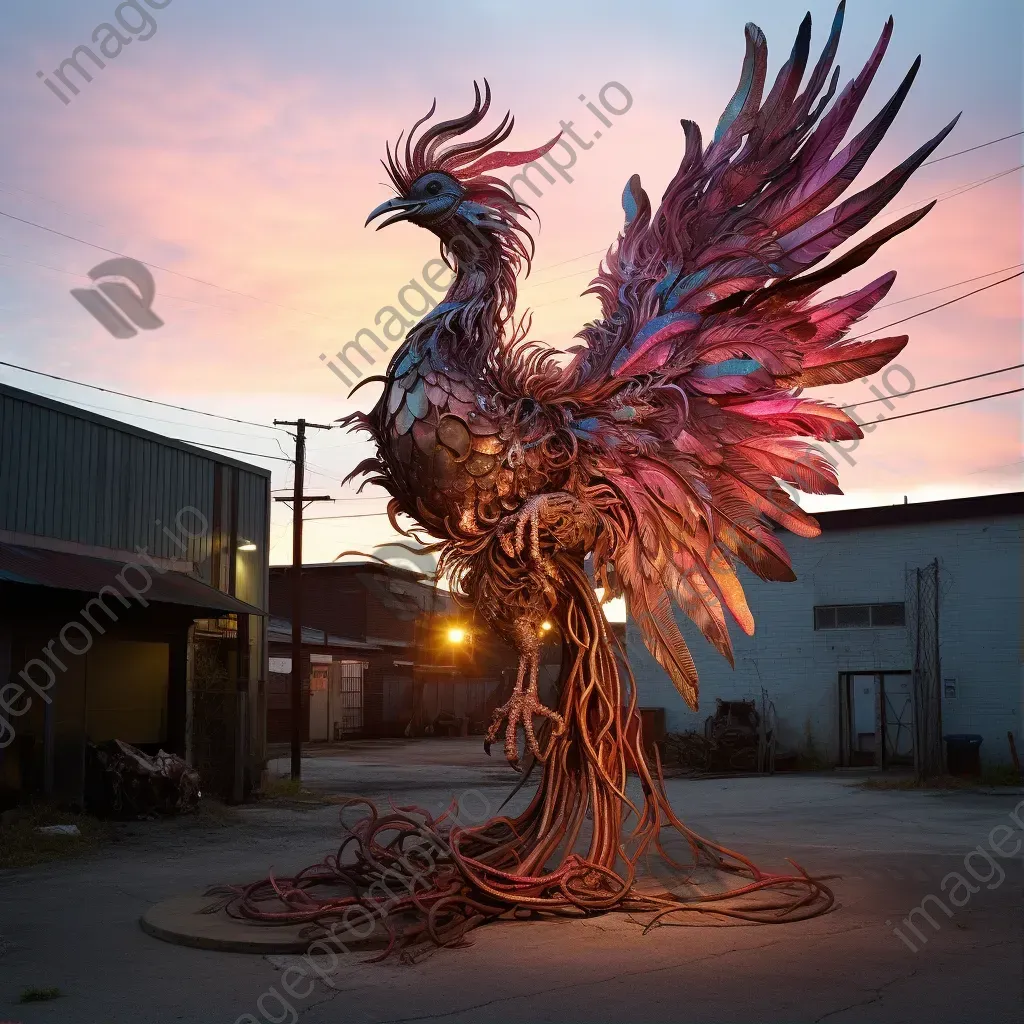 Phoenix sculpture made from scrapped cars against the rosy dawn, reflective of Street-Art culture - Image 1