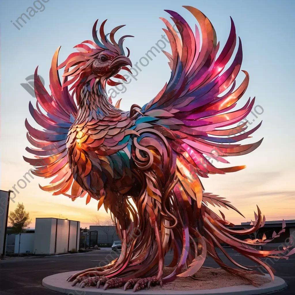 Phoenix sculpture made from scrapped cars against the rosy dawn, reflective of Street-Art culture - Image 2