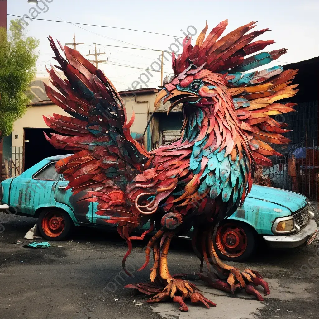 Phoenix sculpture made from scrapped cars against the rosy dawn, reflective of Street-Art culture - Image 3