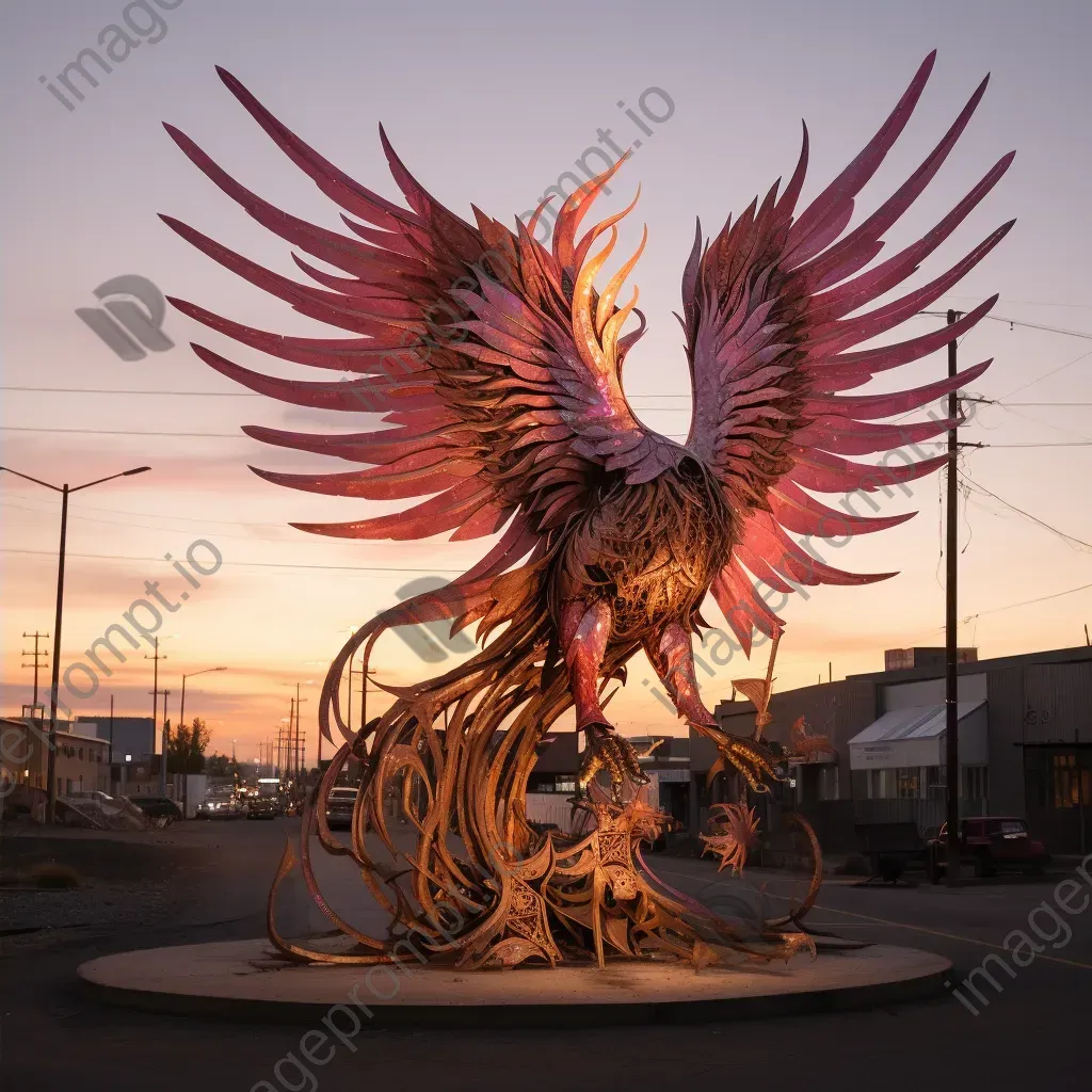 Phoenix sculpture made from scrapped cars against the rosy dawn, reflective of Street-Art culture - Image 4