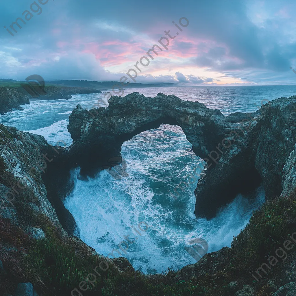 Rock arch on coast with waves at dawn - Image 1