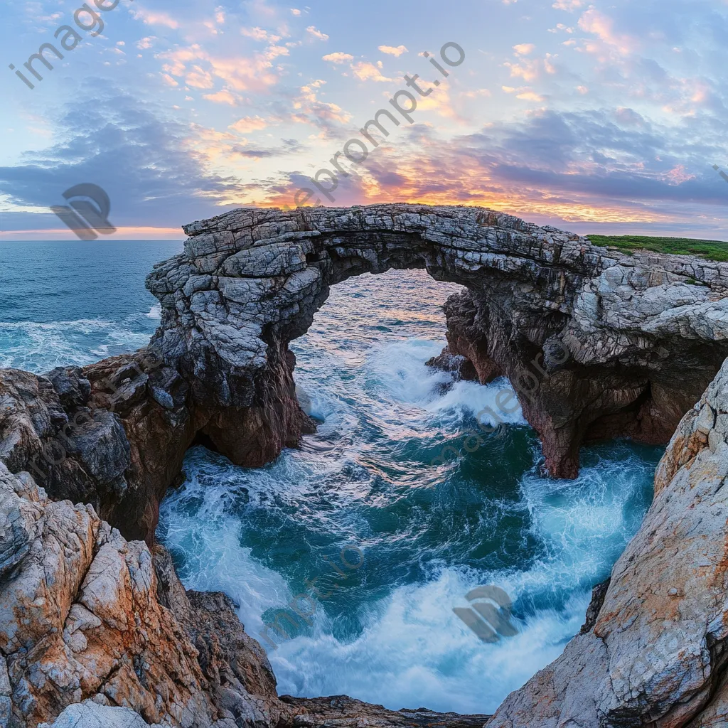 Rock arch on coast with waves at dawn - Image 2