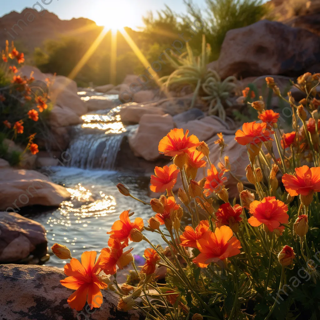 Close-up of an oasis with a waterfall and flowers - Image 2