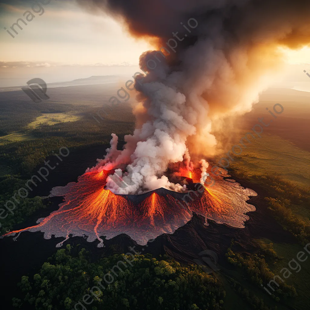 Aerial view of an erupting volcano with lava and smoke at sunrise - Image 1