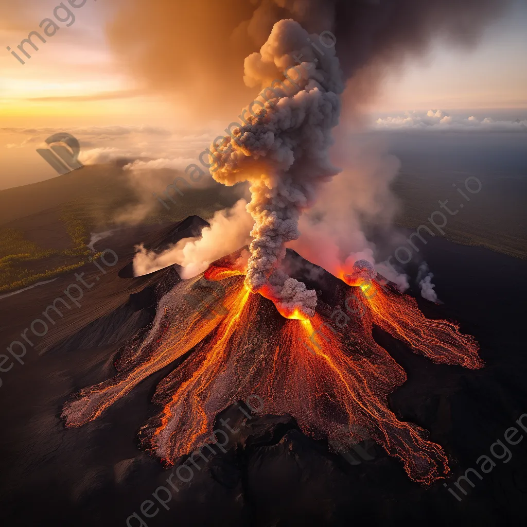 Aerial view of an erupting volcano with lava and smoke at sunrise - Image 3