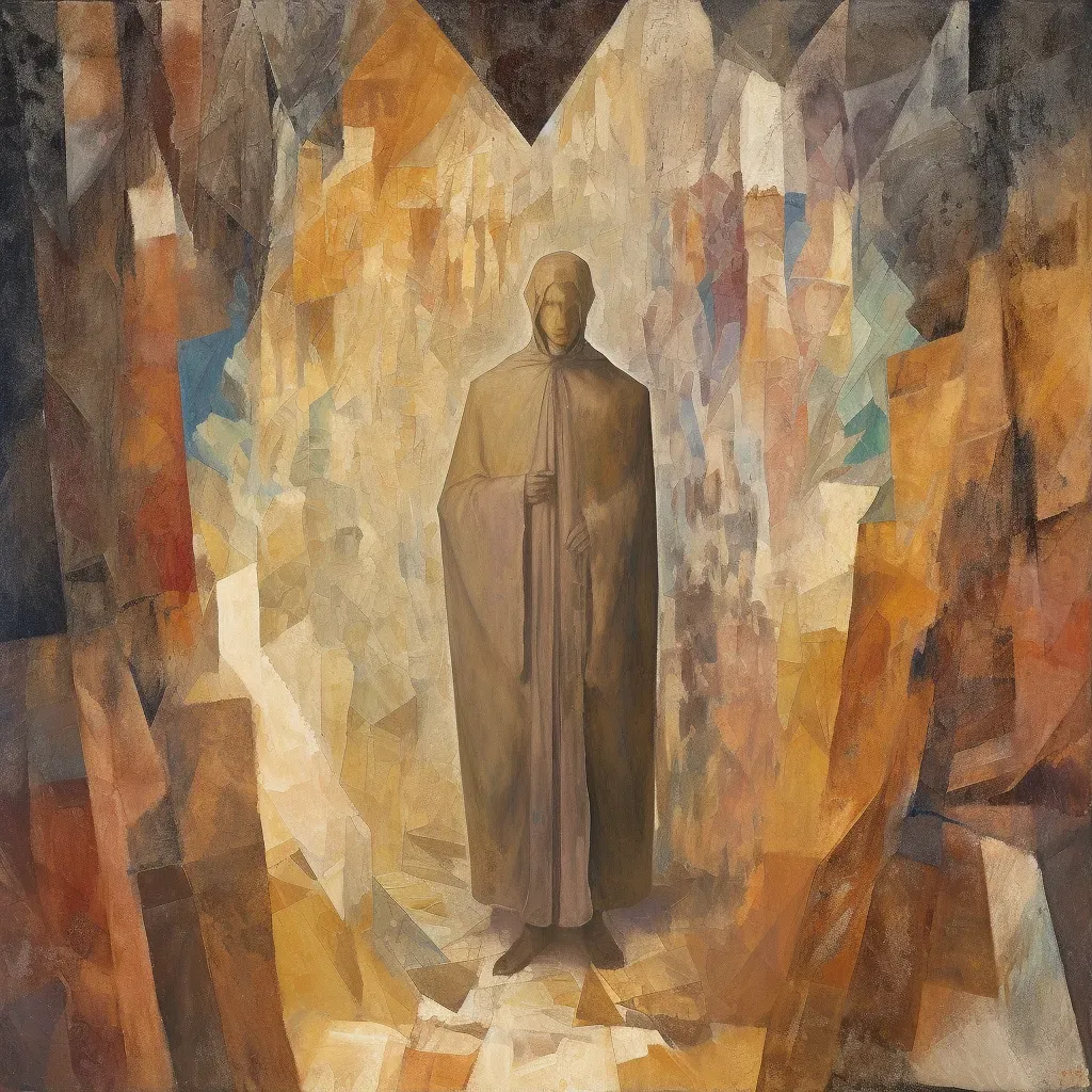 Image of a cloaked figure at the entrance of a crystal-filled cave - Image 1