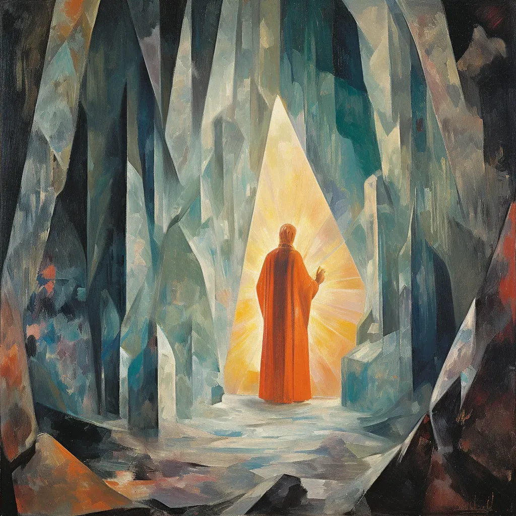 Image of a cloaked figure at the entrance of a crystal-filled cave - Image 2