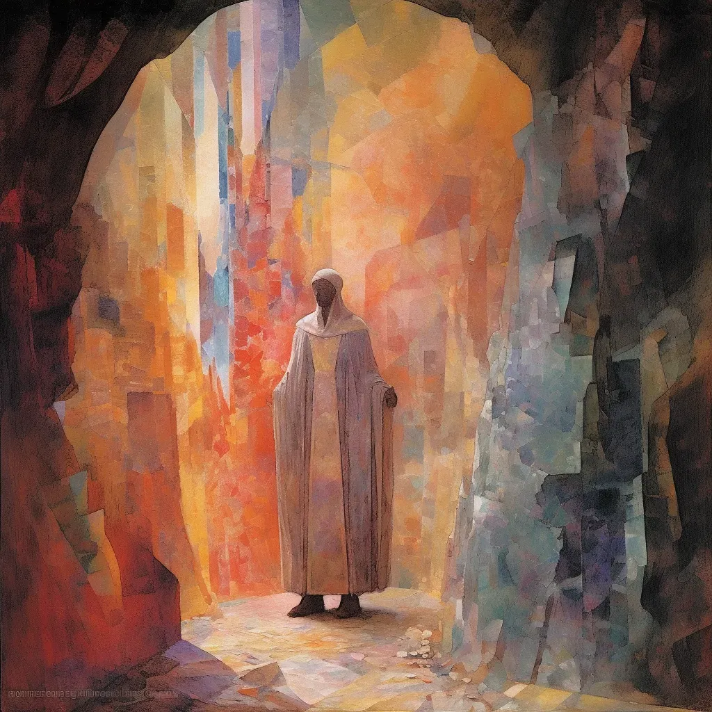 Image of a cloaked figure at the entrance of a crystal-filled cave - Image 4