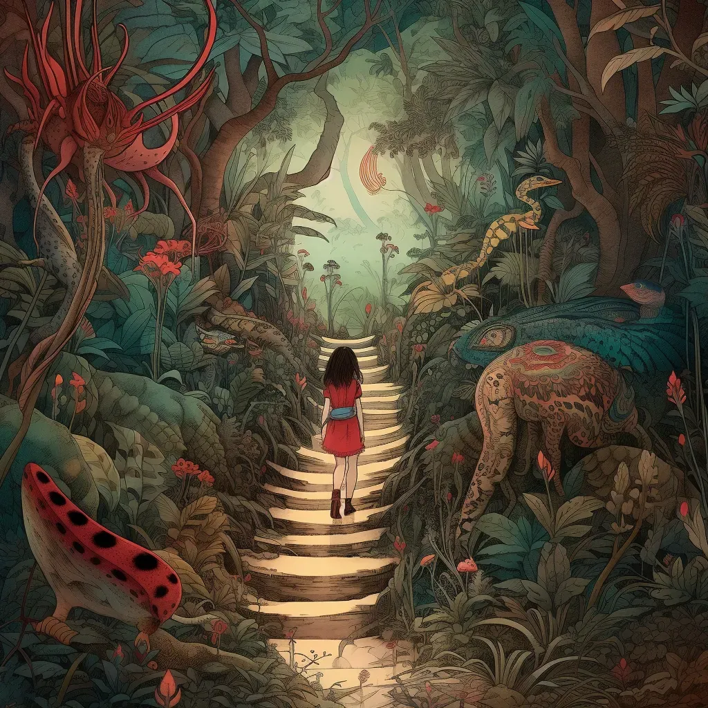 Girl walking on winding path through magical forest with fantastical creatures - Image 1