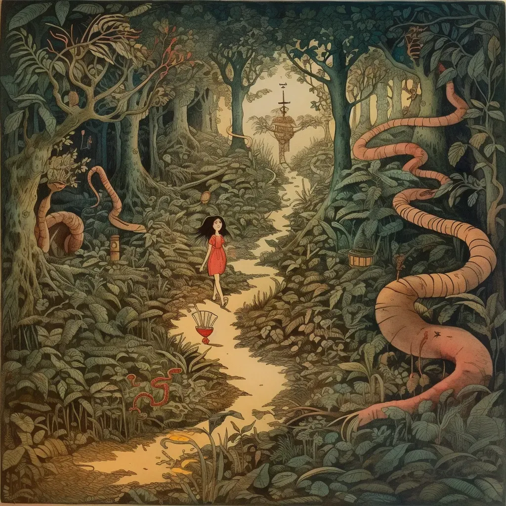 Girl walking on winding path through magical forest with fantastical creatures - Image 3