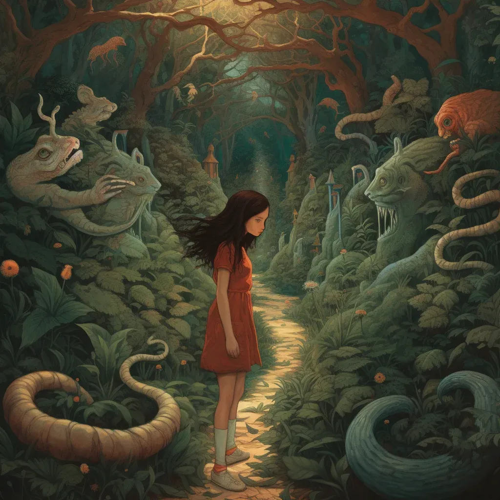 Girl walking on winding path through magical forest with fantastical creatures - Image 4