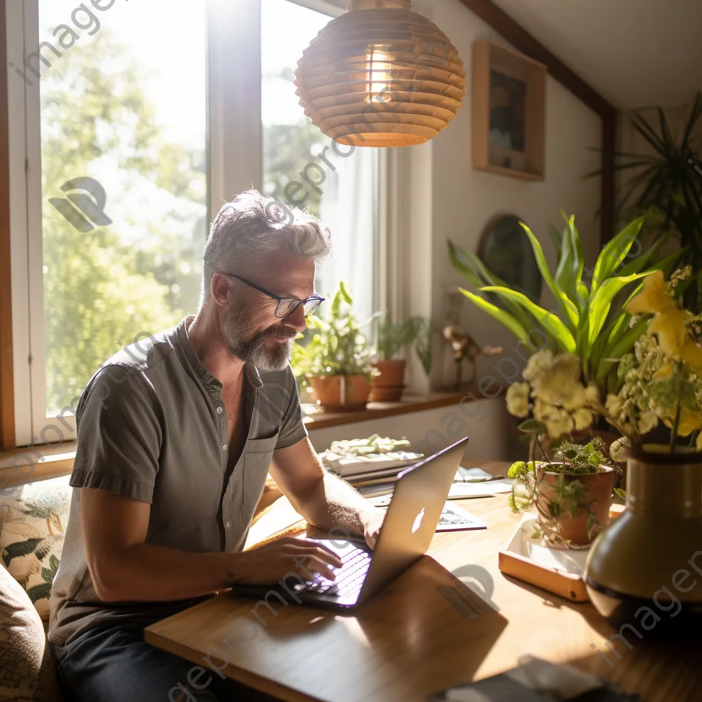 Man in living room having a virtual consultation - Image 1