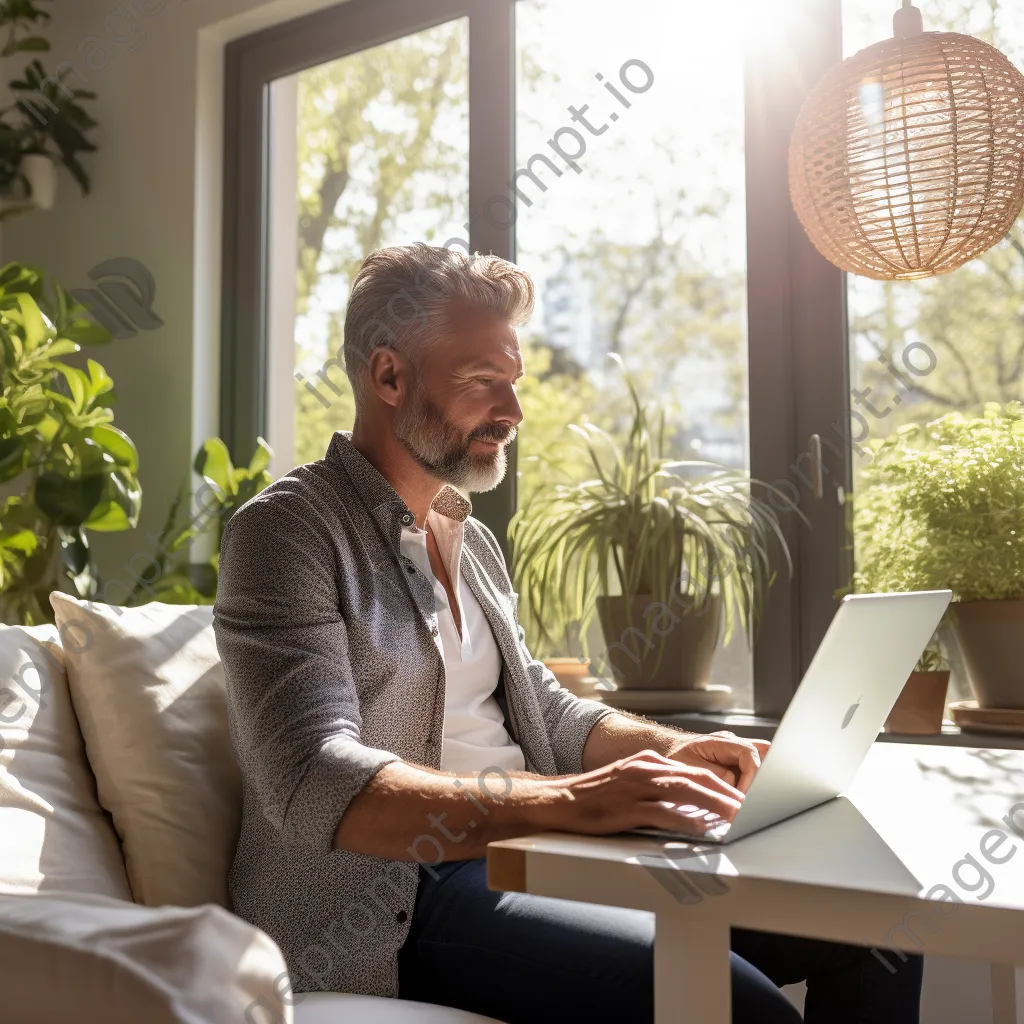 Man in living room having a virtual consultation - Image 2